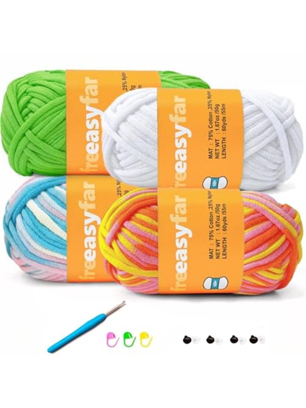 Beginner Crochet Knitting Yarn Kit 4 Skeins Worsted Weight Cotton Craft Tool Set